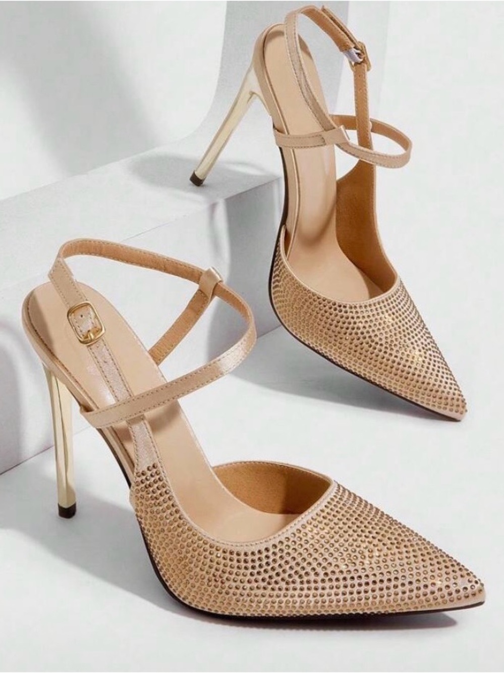 SHEIN Crystal Embellished Gold/Nude Pointed Toe Slingback Heels